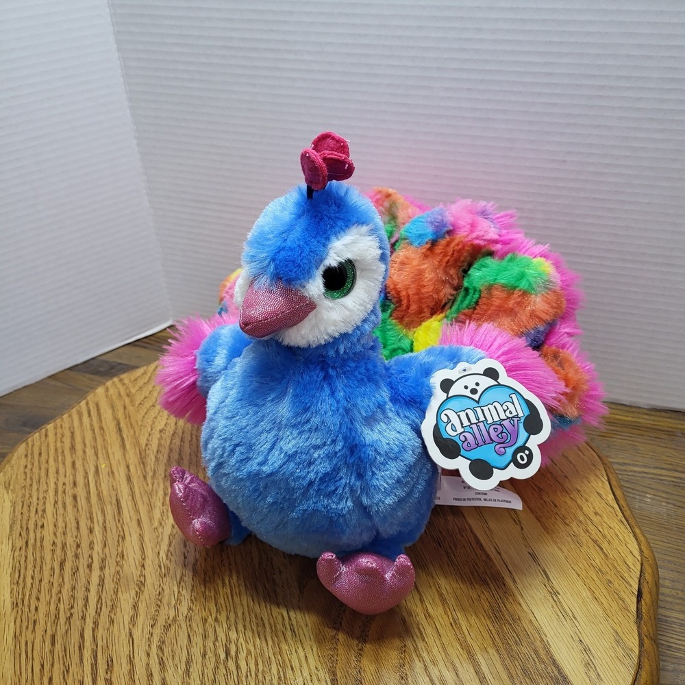 Toys R Us Animal Alley Rainbow Peacock Plush Stuffed Animal Toy Sitting 9" Tall